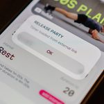 Gustav Timer countdown screen with a "RELEASE PARTY — Timer loaded from external link" confirmation alert over a plank workout video.